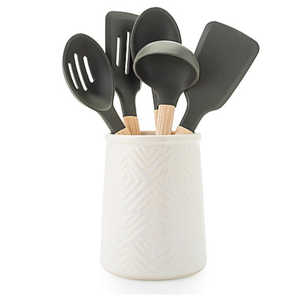 5-Piece Silicone & Wood Utensil Set w/ Crock ( new with box)